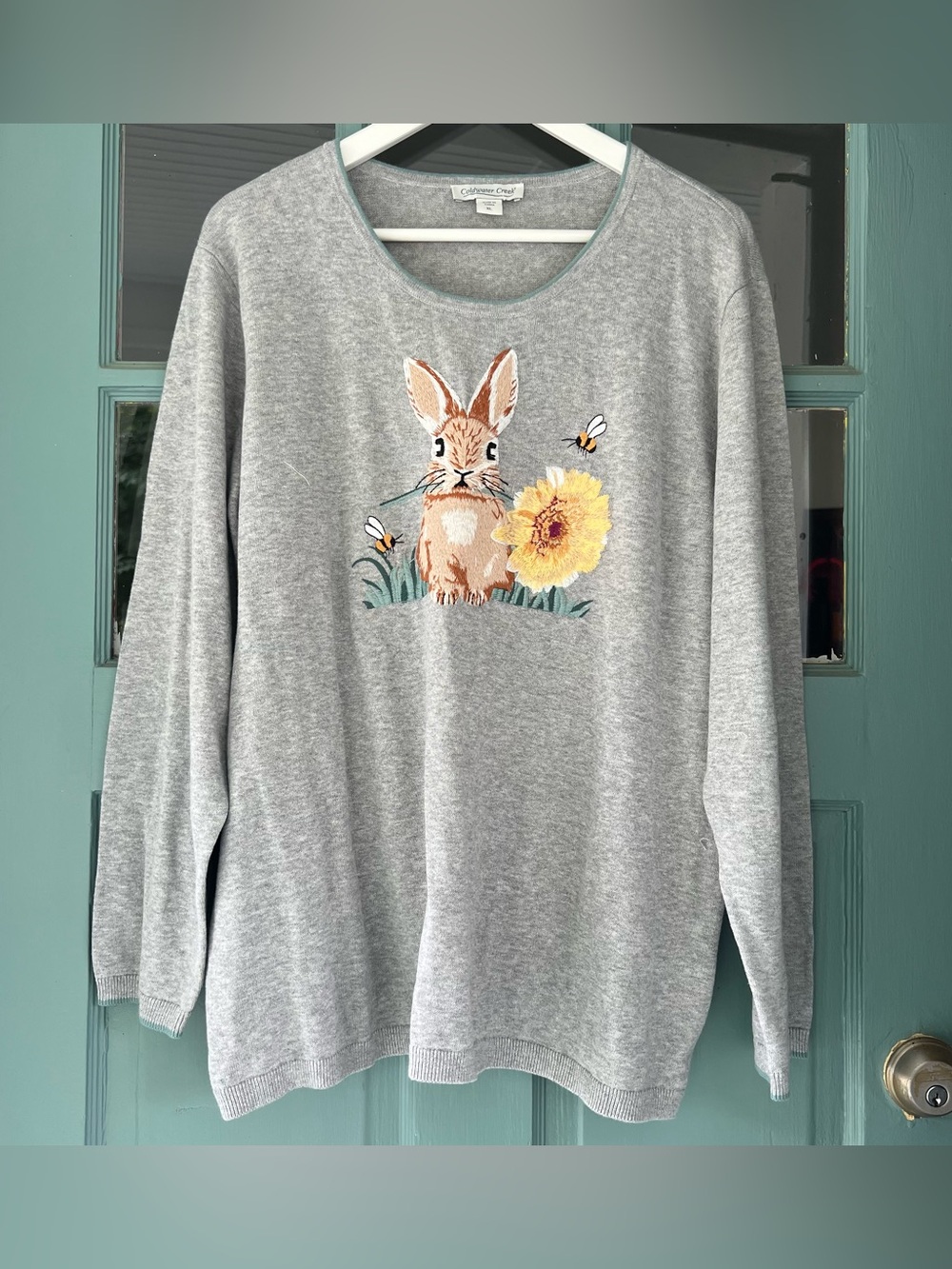 Womans Coldwater Creek 100% Cotton Sweatshirt Embroider Rabbit Sunflower Bee  XL